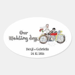 Motorbike Bride and Groom Wedding Oval Sticker