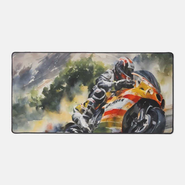 Motorbike cornering up a mountainside desk mat (Front)
