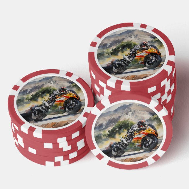 Motorbike cornering up a mountainside poker chips (Stack)