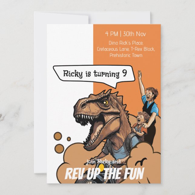 Motorbike Riding T-Rex Dino-Fuelled Fun Birthday Invitation (Front)