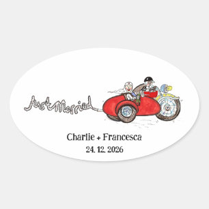 Motorbike & Sidecar Bride and Groom Wedding Oval Sticker