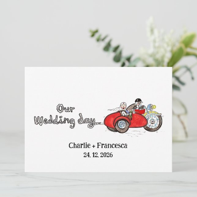 Motorbike & Sidecar Wedding  Invitation (Standing Front)
