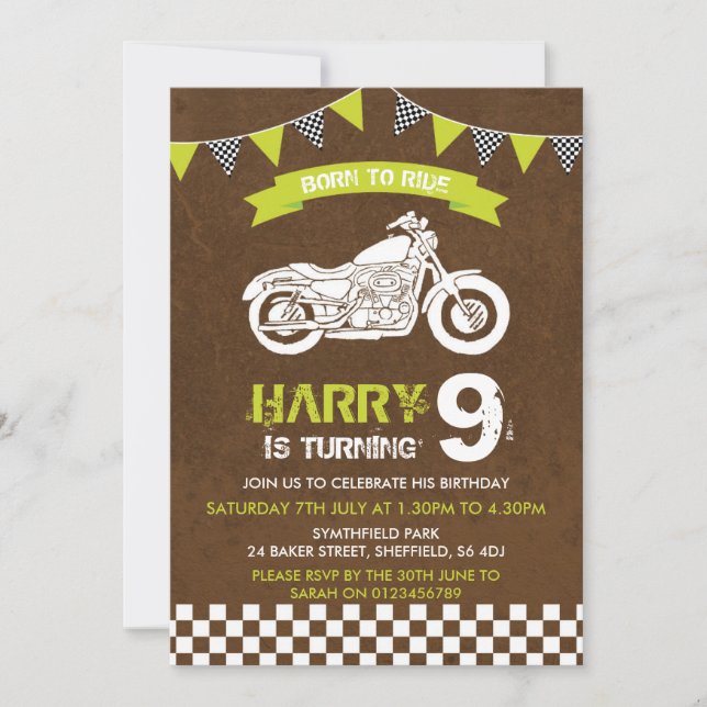 Motorbike themed birthday party invitation (Front)