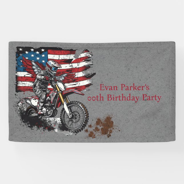Motorbike United States Flag 00th Birthday Party Banner (Horizontal)