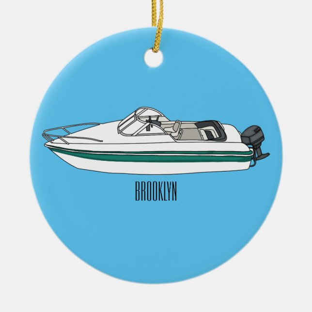 Motorboat cartoon illustration ceramic tree decoration (Front)