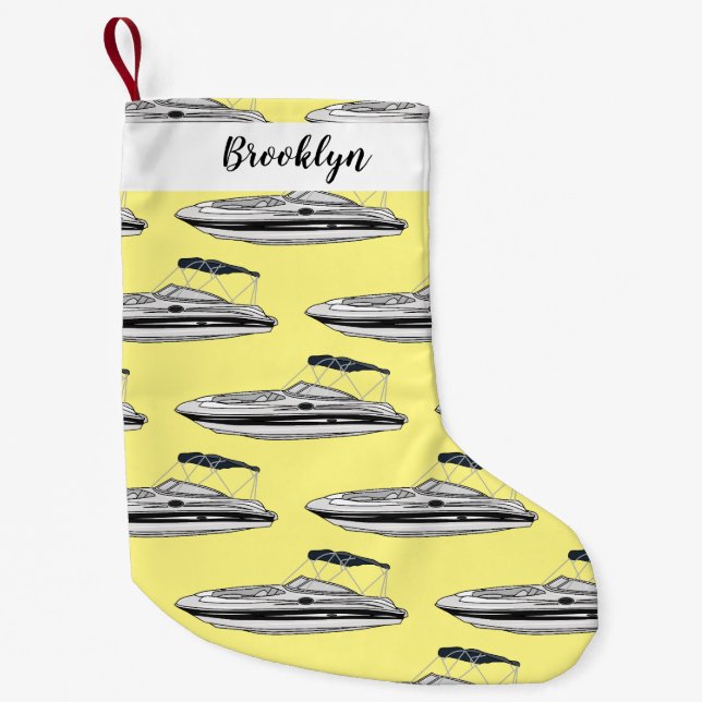Motorboat cartoon illustration small christmas stocking (Front)