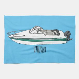 Motorboat cartoon illustration tea towel