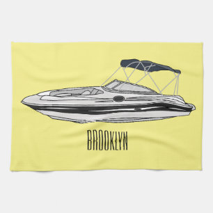 Motorboat cartoon illustration tea towel