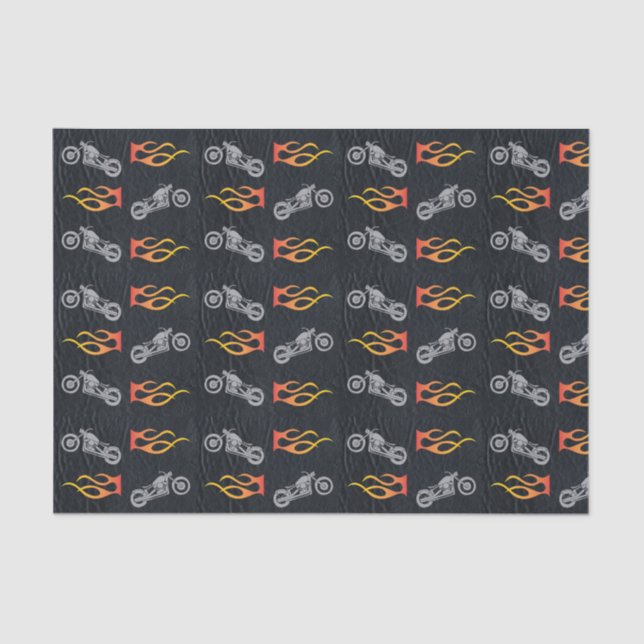 Motorcycle and flames on faux black leather tissue paper (Front)