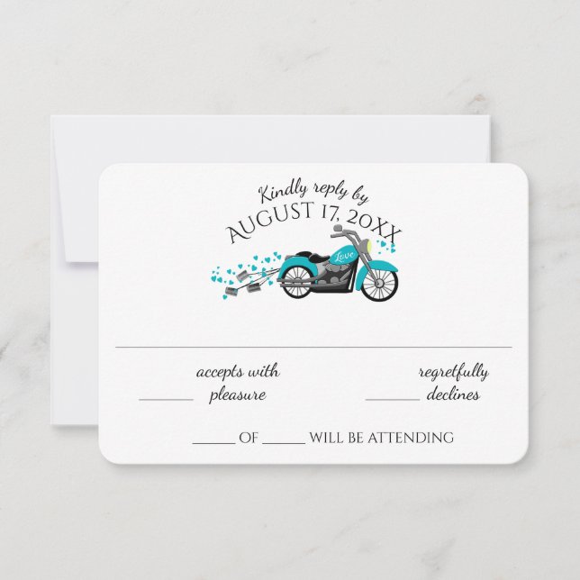 Motorcycle and Hearts Aqua Wedding Response Card (Front)