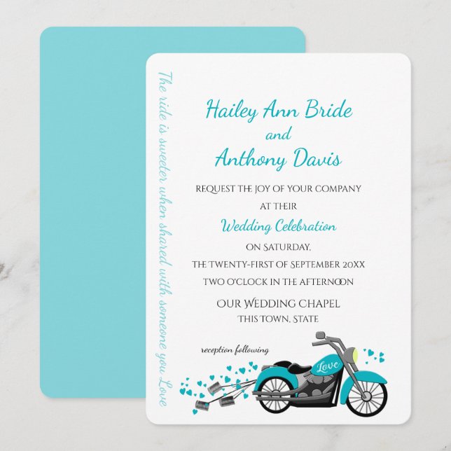 Motorcycle and Hearts Wedding Aqua Invitation (Front/Back)