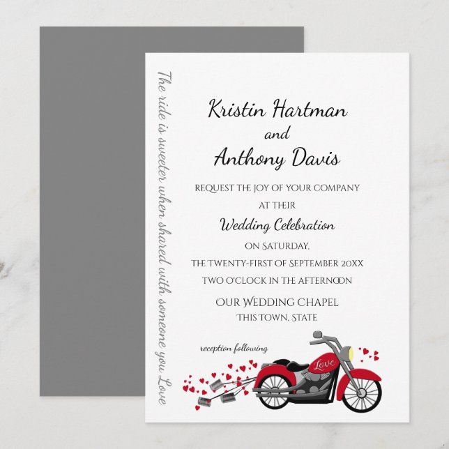 Motorcycle and Hearts Wedding Invitation (Front/Back)