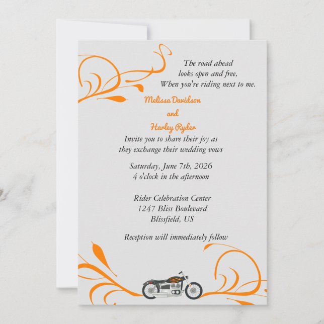 Motorcycle and Swirls Wedding Invitation (Front)