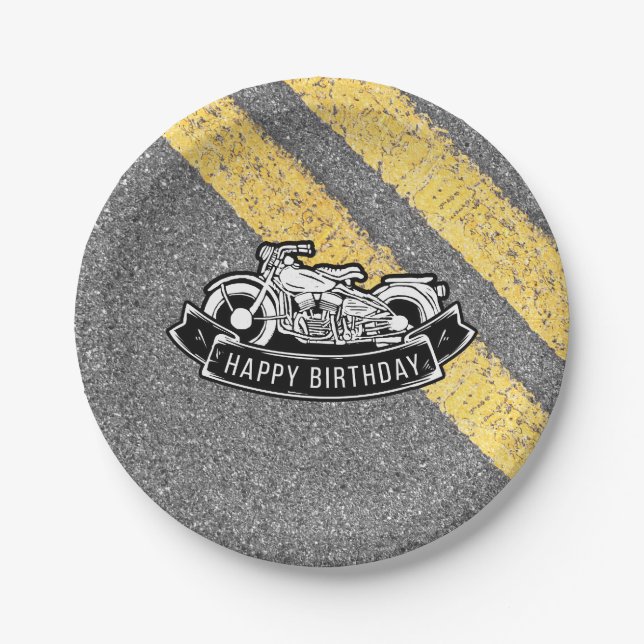 Motorcycle Biker Happy Birthday Party Serving Paper Plate (Front)