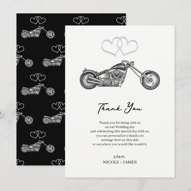 Motorcycle Black & Silver Hearts Biker Thank You Invitation (Front/Back)