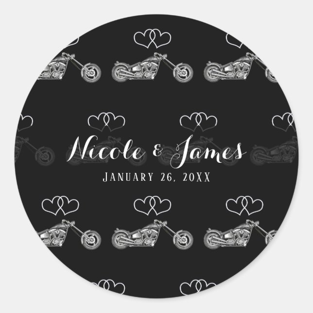Motorcycle Black & Silver Hearts Biker Wedding Classic Round Sticker (Front)
