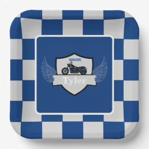 Motorcycle blue and gray checkered Paper Plate