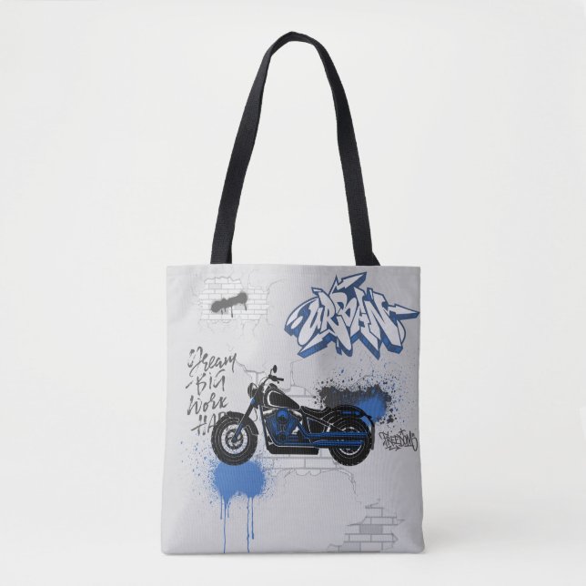Motorcycle blue and grey graffiti tote bag (Front)