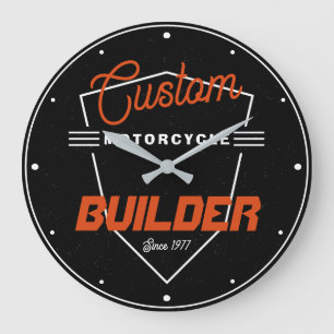 Motorcycle Builder Custom Mechanic Orange Black  Large Clock