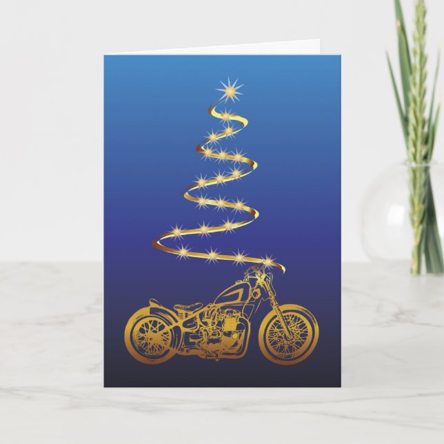 Motorcycle Christmas with gold bike and tree Card (Front)