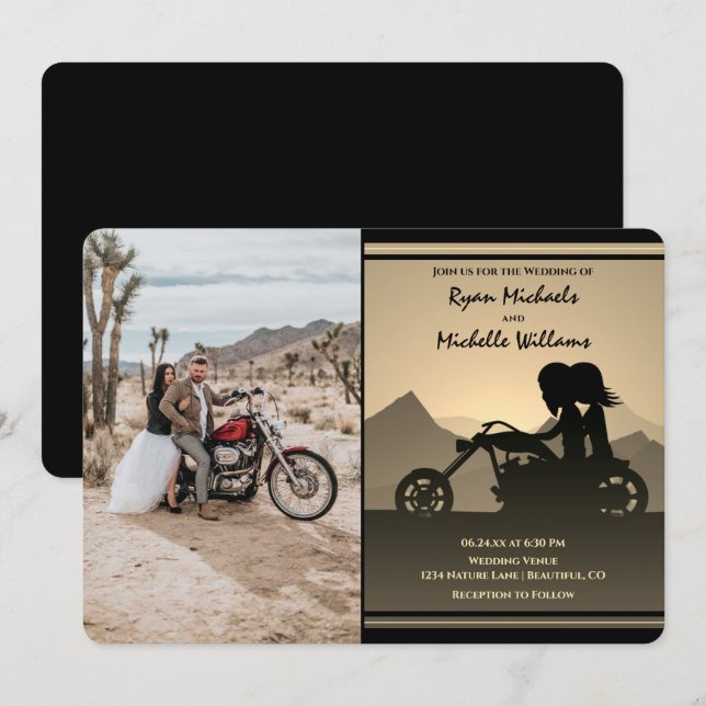 Motorcycle Couple Mountain Photo Wedding Invitation (Front/Back)
