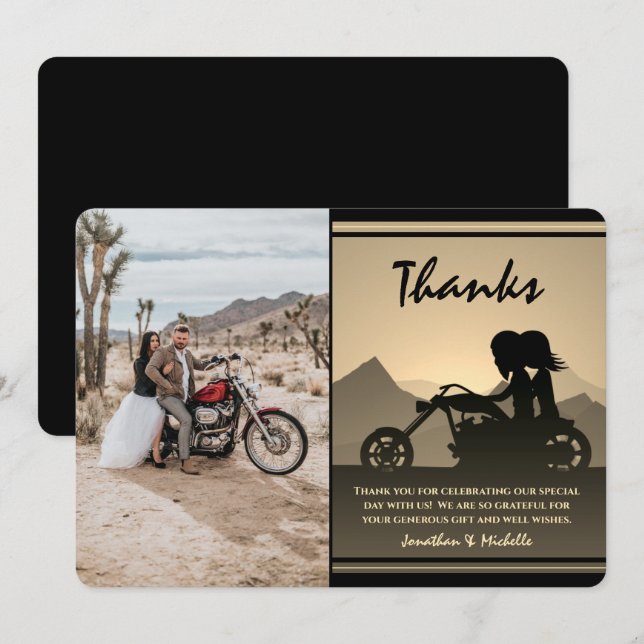 Motorcycle Couple Mountain Photo Wedding Thank You Card (Front/Back)