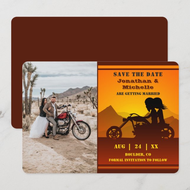 Motorcycle Couple Mountain Sunset Photo Wedding Save The Date (Front/Back)
