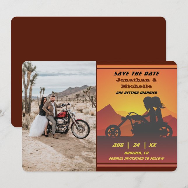Motorcycle Couple Mountain Sunset Photo Wedding Save The Date (Front/Back)