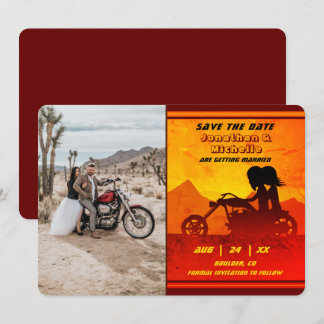 Motorcycle Couple Mountain Sunset Photo Wedding Save The Date