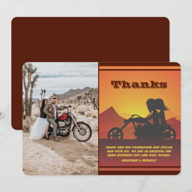 Motorcycle Couple Mountain Sunset Photo Wedding Thank You Card (Front/Back)