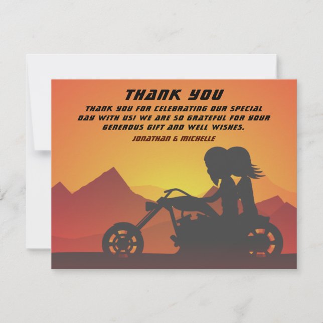 Motorcycle Couple Mountain Sunset/Sunrise Wedding Thank You Card (Front)