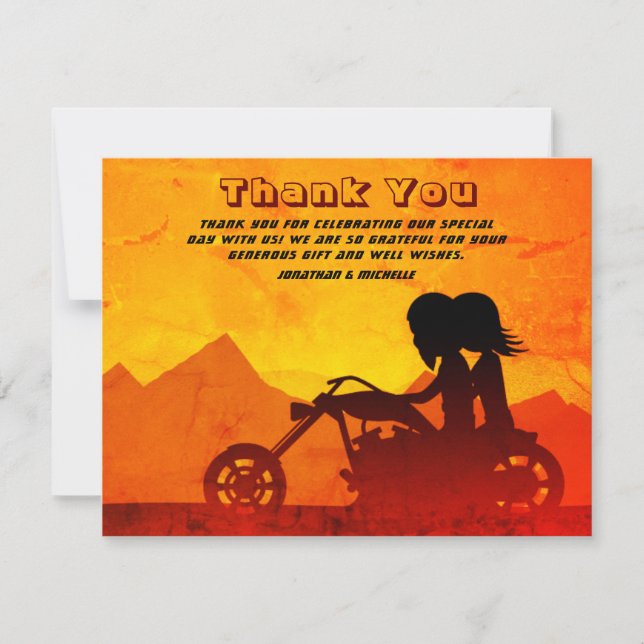Motorcycle Couple Mountain Sunset Wedding Thank You Card (Front)
