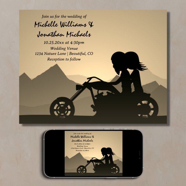 Motorcycle Couple Mountain Wedding Invitation (Printed and Digital Motorcycle Couple Mountain Wedding)