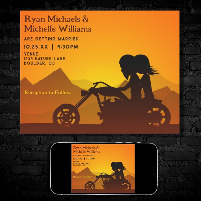 Motorcycle Couple Mountains Sunset/Sunrise Wedding Invitation (Creator Uploaded)