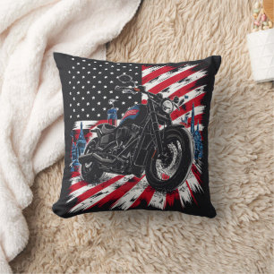 Motorcycle cruising against a patriotic backdrop cushion