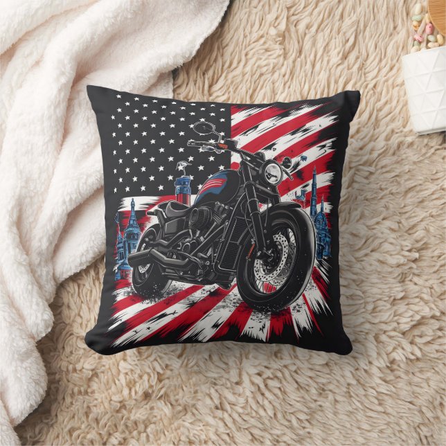 Motorcycle cruising against a patriotic backdrop cushion (Blanket)