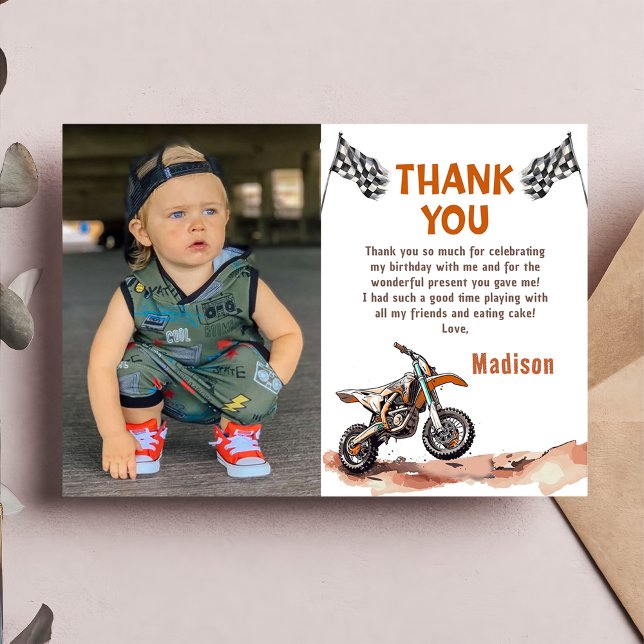 Motorcycle Dirt Bike Birthday Photo Thank You Card (Creator Uploaded)