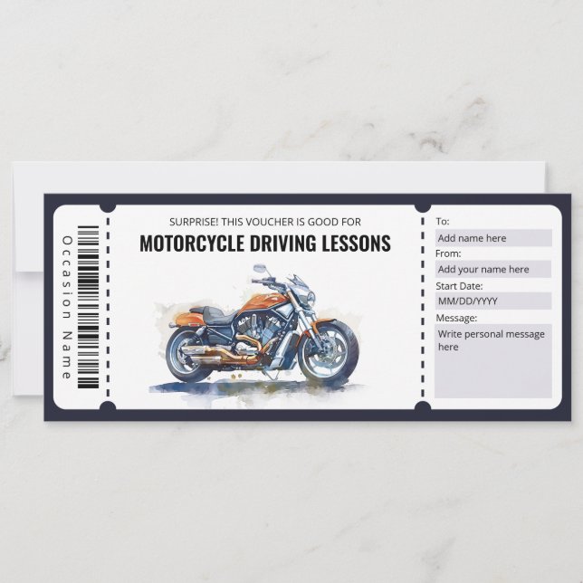 Motorcycle Driving Lessons Gift Certificate Invitation (Front)