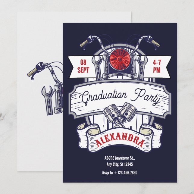 Motorcycle garage iconic graduation party invitation (Front/Back)