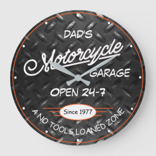 Motorcycle Garage Name Date Diamond Plate Image Large Clock