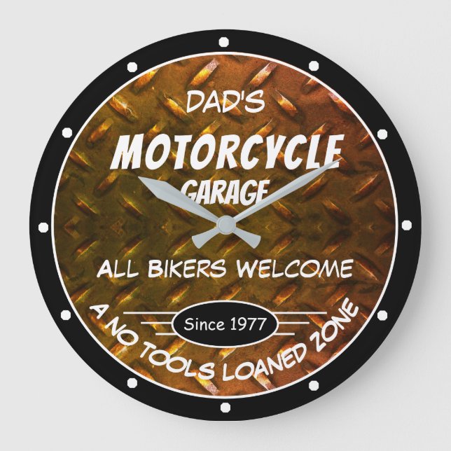Motorcycle Garage Name Date Diamond Plate Slogan Large Clock (Front)