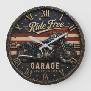 Motorcycle Garage Vintage American Biker Decor Large Clock