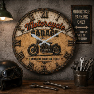 Motorcycle Garage Vintage Biker Workshop Rustic Large Clock