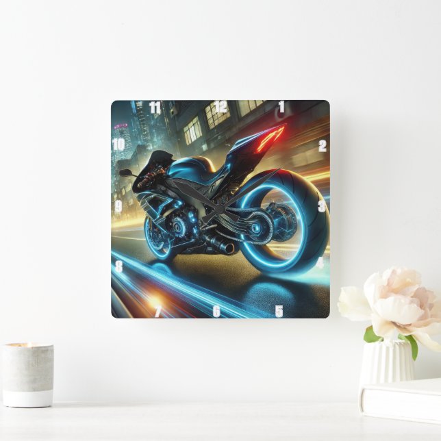 Motorcycle Glowing Neon Lights Urban Street  Square Wall Clock (Home)