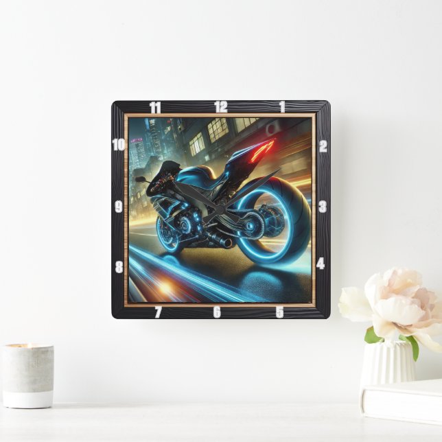 Motorcycle Glowing Neon Lights Urban Street  Square Wall Clock (Home)