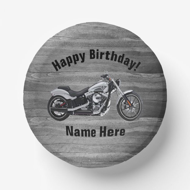 Motorcycle Happy Birthday Custom Name Cool  Paper Plate (Front)