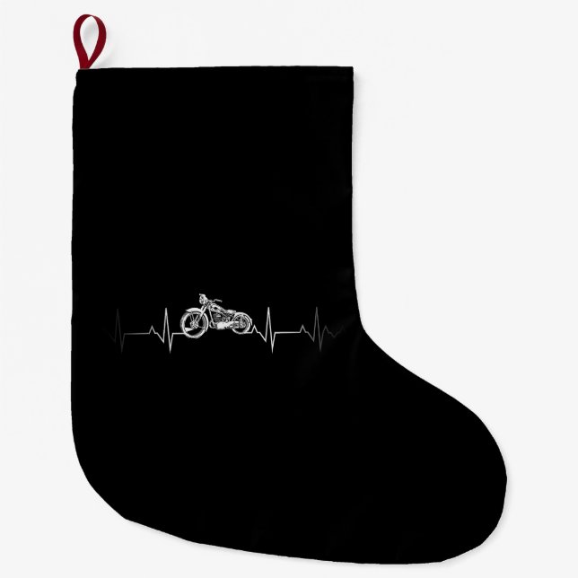 Motorcycle Heartbeat T-Shirt - I love my Motorcycl Large Christmas Stocking (Front)