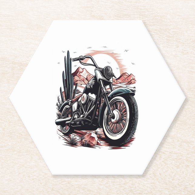 Motorcycle in Desert Cactus Western Set (3) Paper Coaster (Front)