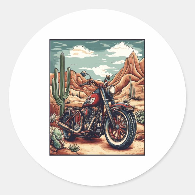 Motorcycle in Desert Cactus Western Set (4) Classic Round Sticker (Front)