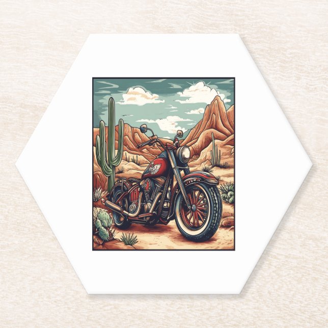 Motorcycle in Desert Cactus Western Set (4) Paper Coaster (Front)